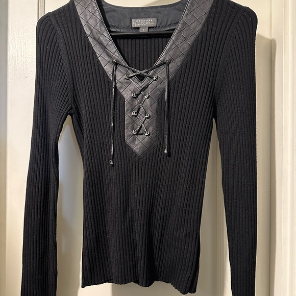 CLASSIQUE ENTIER Nordstrom Black Sweater and Leather Top Size Small - Picture 1 of 6
